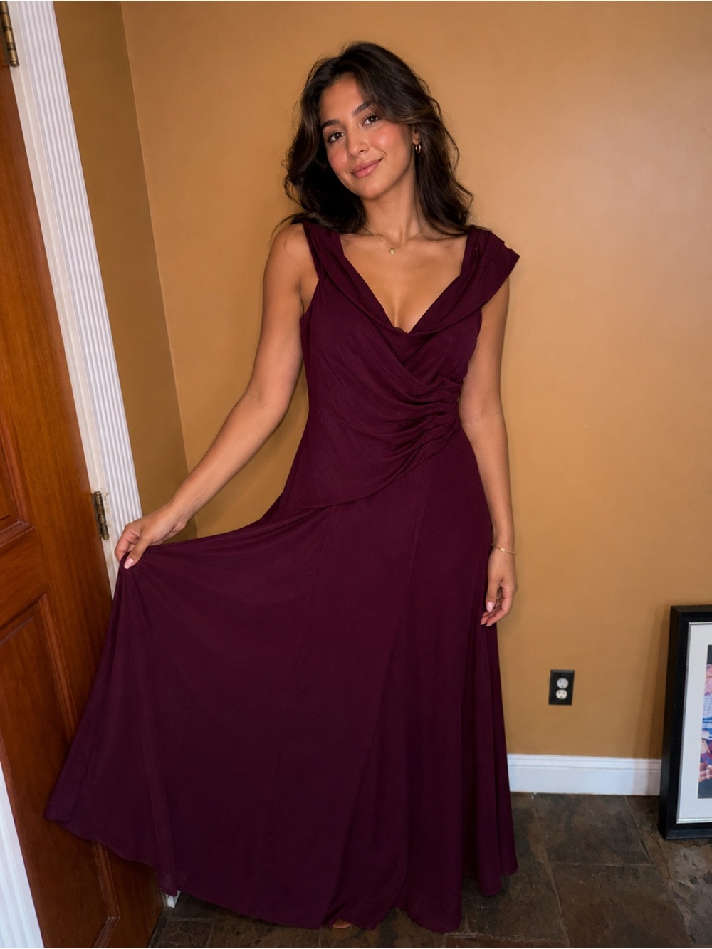 Oleg Cassini Deep Wine Maxi Dress with Draped Bodice